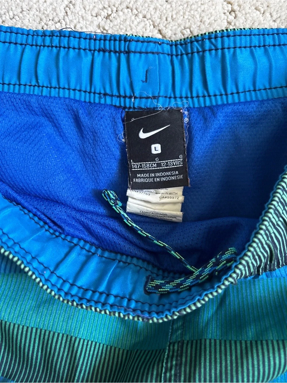 Nike Boys Blue & Green Striped Board Shorts Swim Trunks Size  Large